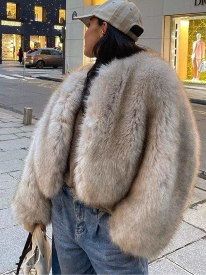 Women's Solid Color Faux Fur Jacket, Casual Long Sleeve Open Front Outerwear for Fall & Winter, Women's Clothing for Daily Wear, Coats, Womenswear