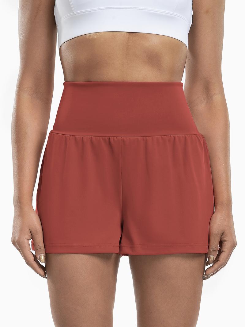 Women's Solid Color Pocket Sports Shorts, Comfy Breathable 2 in 1 Shorts for Yoga Gym Workout Running, Ladies Sportswear for All Seasons