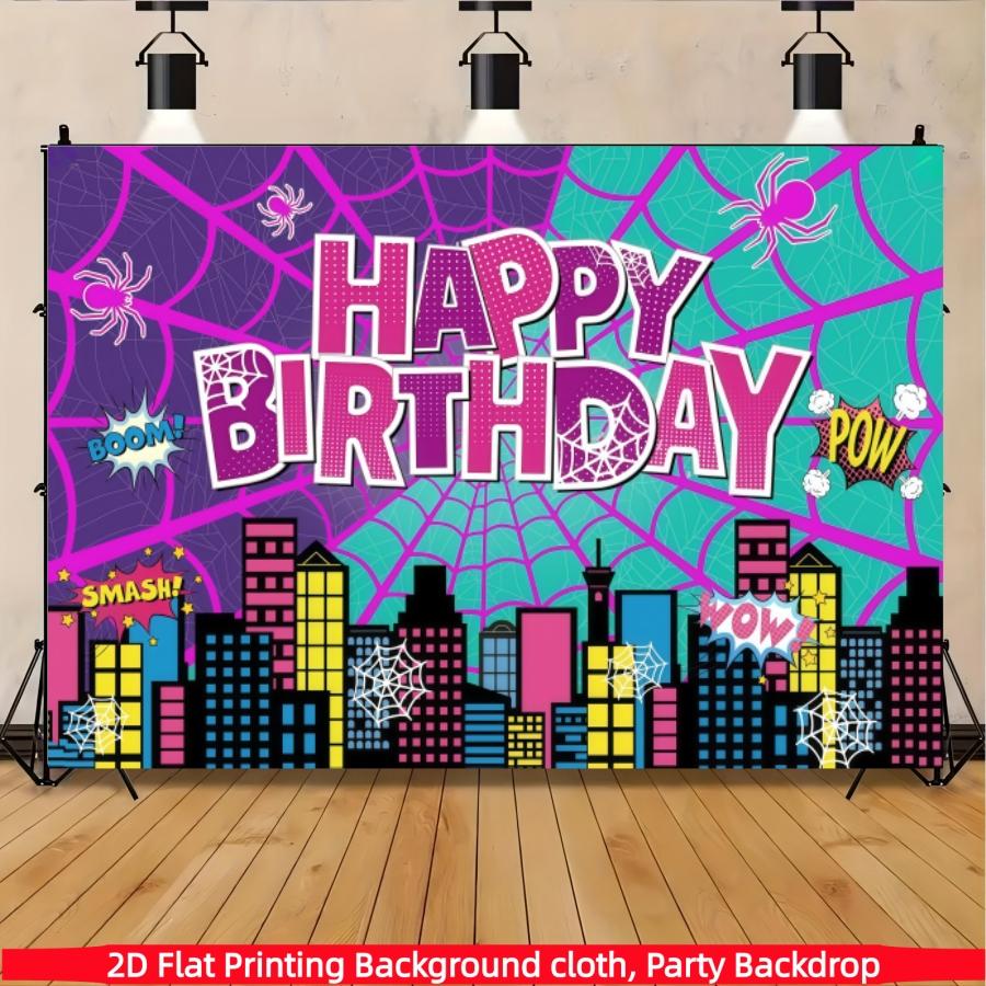 Pink Spider Web Happy Birthday Photography Background, City Skyline Architectural Background Photo Booth Prop, Polyester Material, Suitable for Photo Booth, Party, Birthday, Celebration, and Indoor/Outdoor Family Birthday Party Decoration