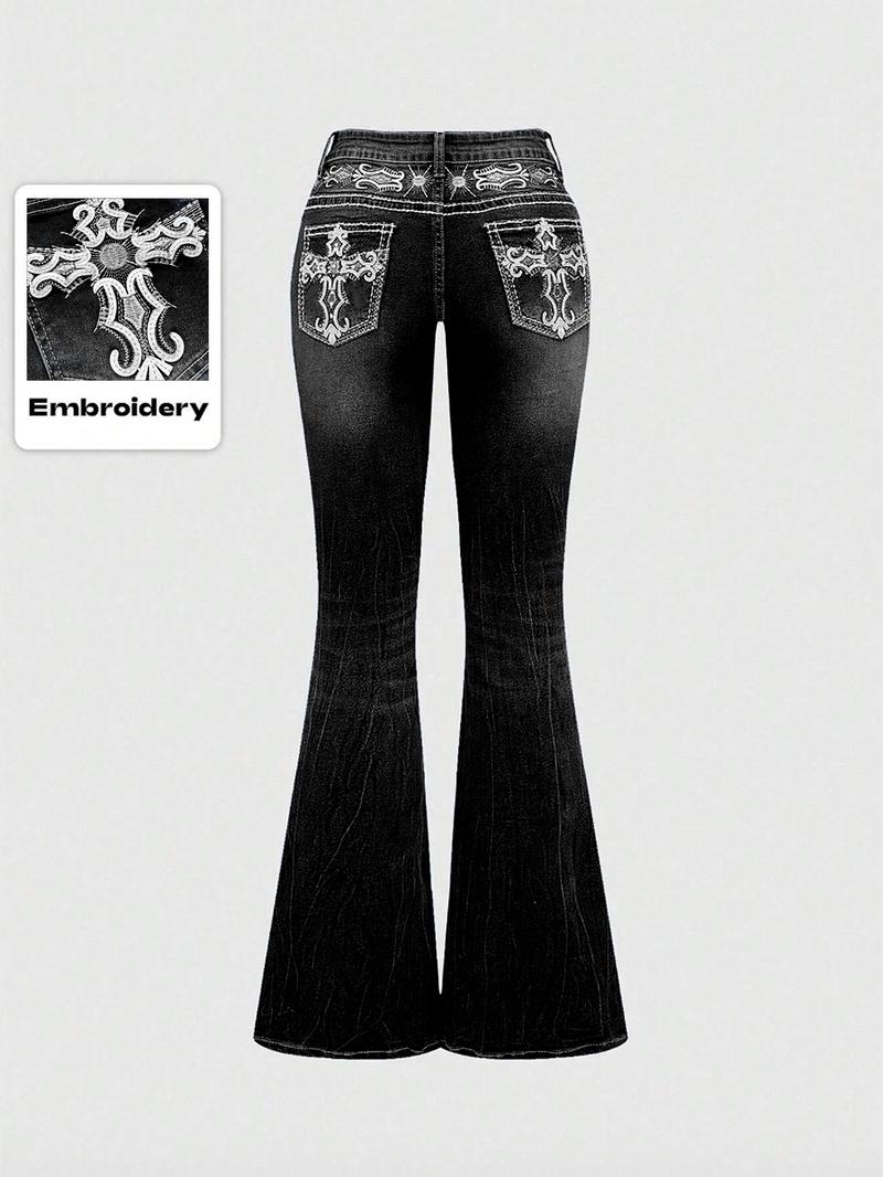 Grunge Punk Y2K Retro Poket Cross Wings Embroidered Flare Leg Fitted Stretch Jeans For Women,Bootcut Jeans