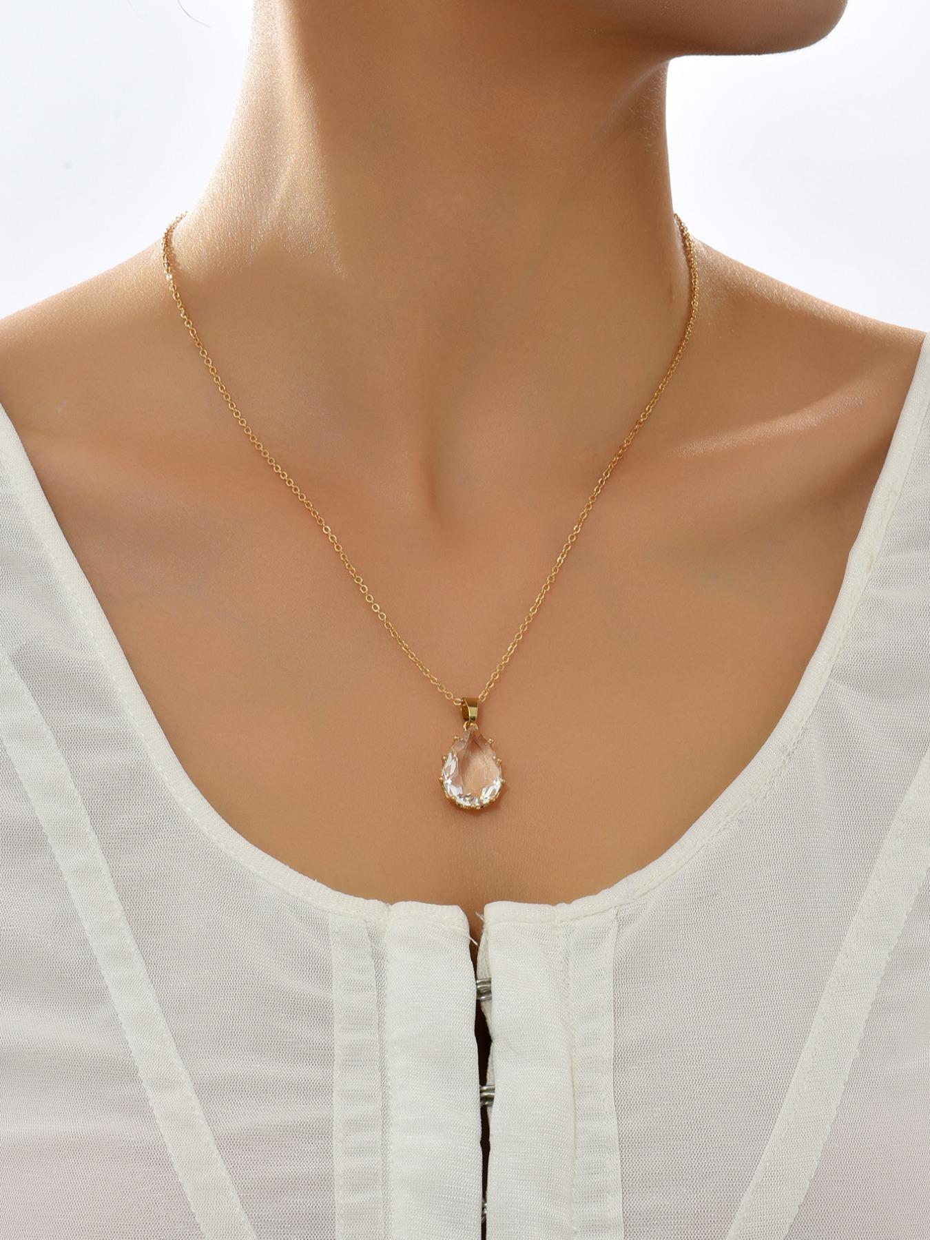 Simple Single Layer Transparent Gemstone Water Drop Crystal Zircon Pendant Necklace, Elegant Jewelry for Women, Perfect Gift Idea