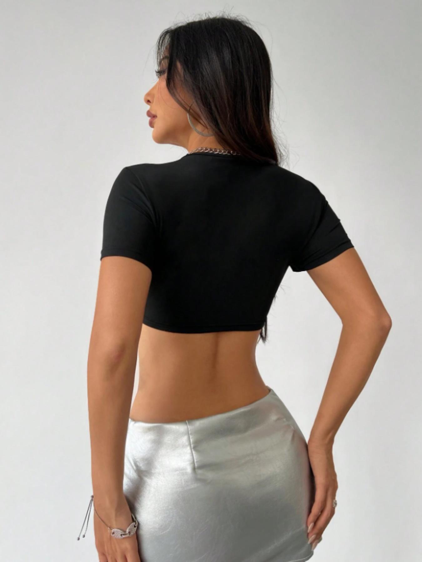 Women's Sexy Low Cut Short Sleeve Top, Casual Fashionable Blouse for Women, Comfortable & Stylish Daily Wear