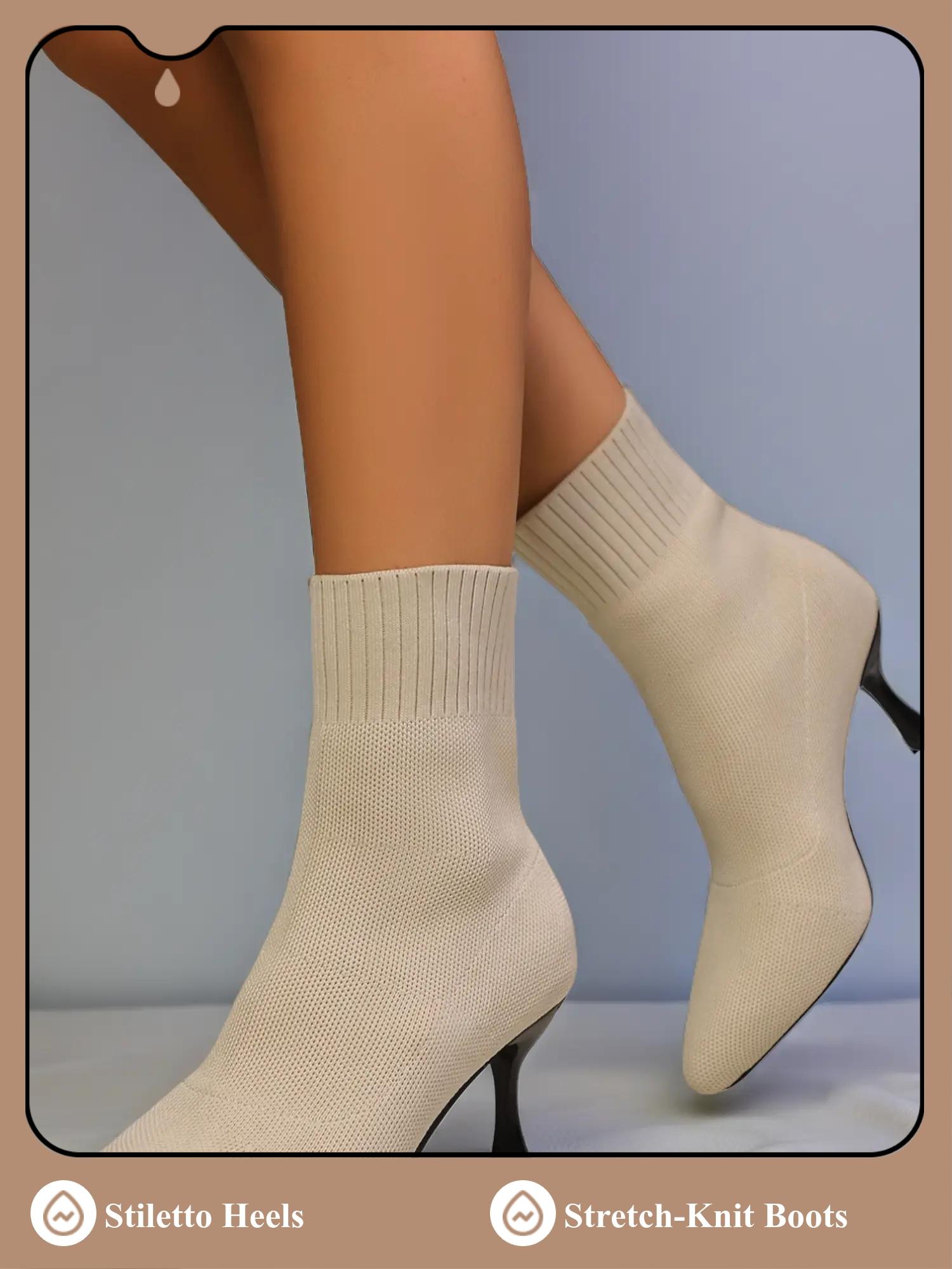Women's Pointed Toe High Heels Socks Boots, Stiletto Heeled Boots, Stretch-knit Ankle Boots with Slimming Fit Design, Trendy Booties for Spring Autumn, Gifts for Her, Breathable Comfortable Footwear, Versatile Boots, Casual Warm Boots