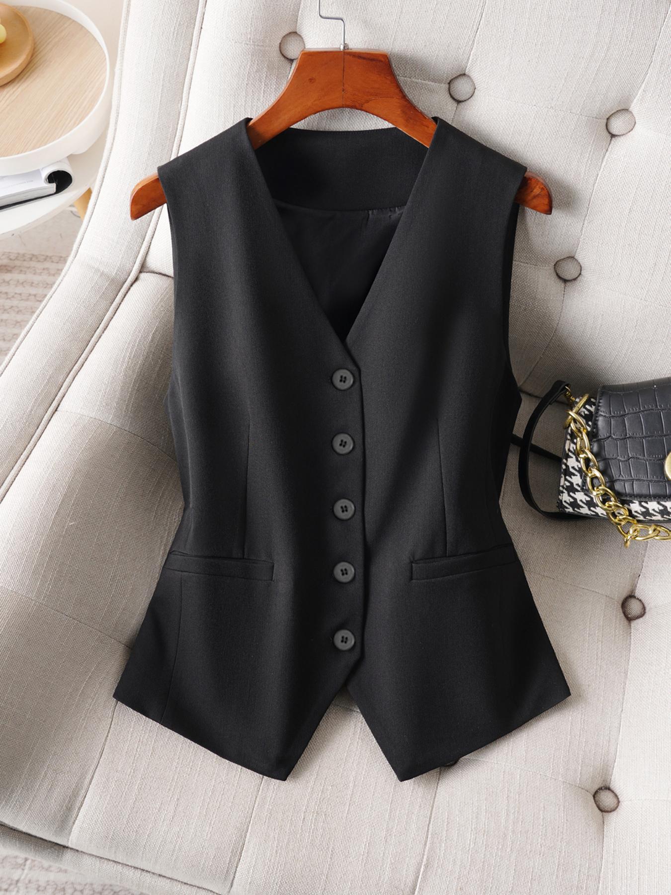 Women's Solid V Neck Button Vest Blazer, Casual Plain Color Waistcoat for Work Office Business, Ladies Spring & Fall Clothes