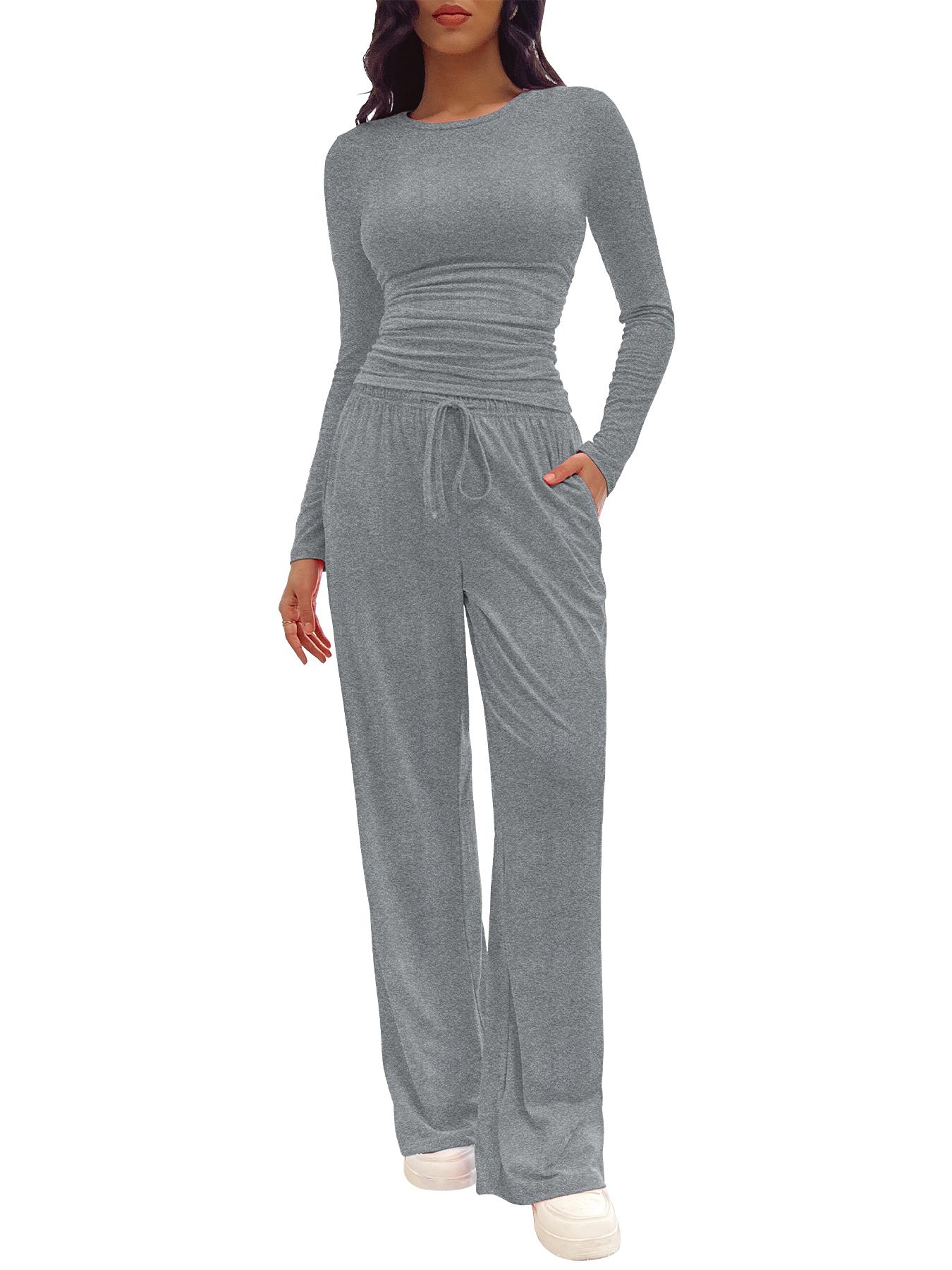 Two-piece Set Women's Solid Ruched Tee & Drawstring Pocket Pants Lounge Set, Casual Long Sleeve T-shirt & Elastic Waist Trousers, Ladies Sleepwear for All Seasons Loungewear