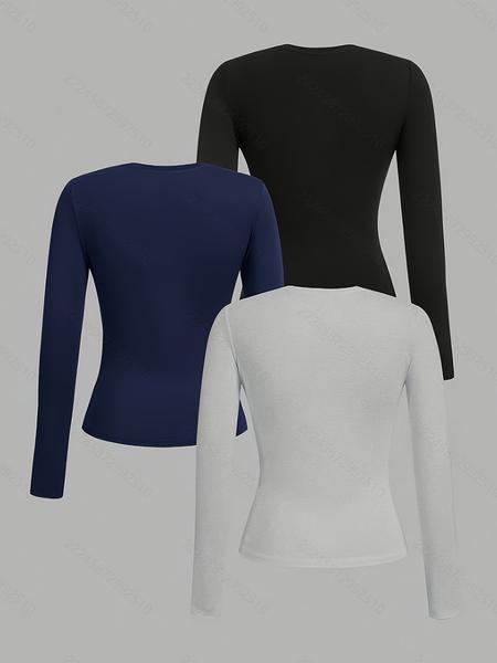 Women's Casual Slim-Fit Long Sleeve Round Neck Tops, 3-Pack Plain Solid Color Shirts for Fall & Winter, Versatile Daily Wear