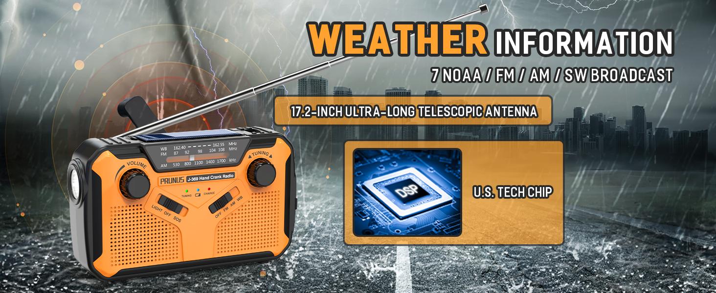 PRUNUS J-369 11100mWh Emergency Weather Radio, AA Batteries/Hand Crank/Solar/USB Charging, NOAA/AM/FM, LED Flashlight and Reading Lamp,SOS Alarm & Flashlight Portable