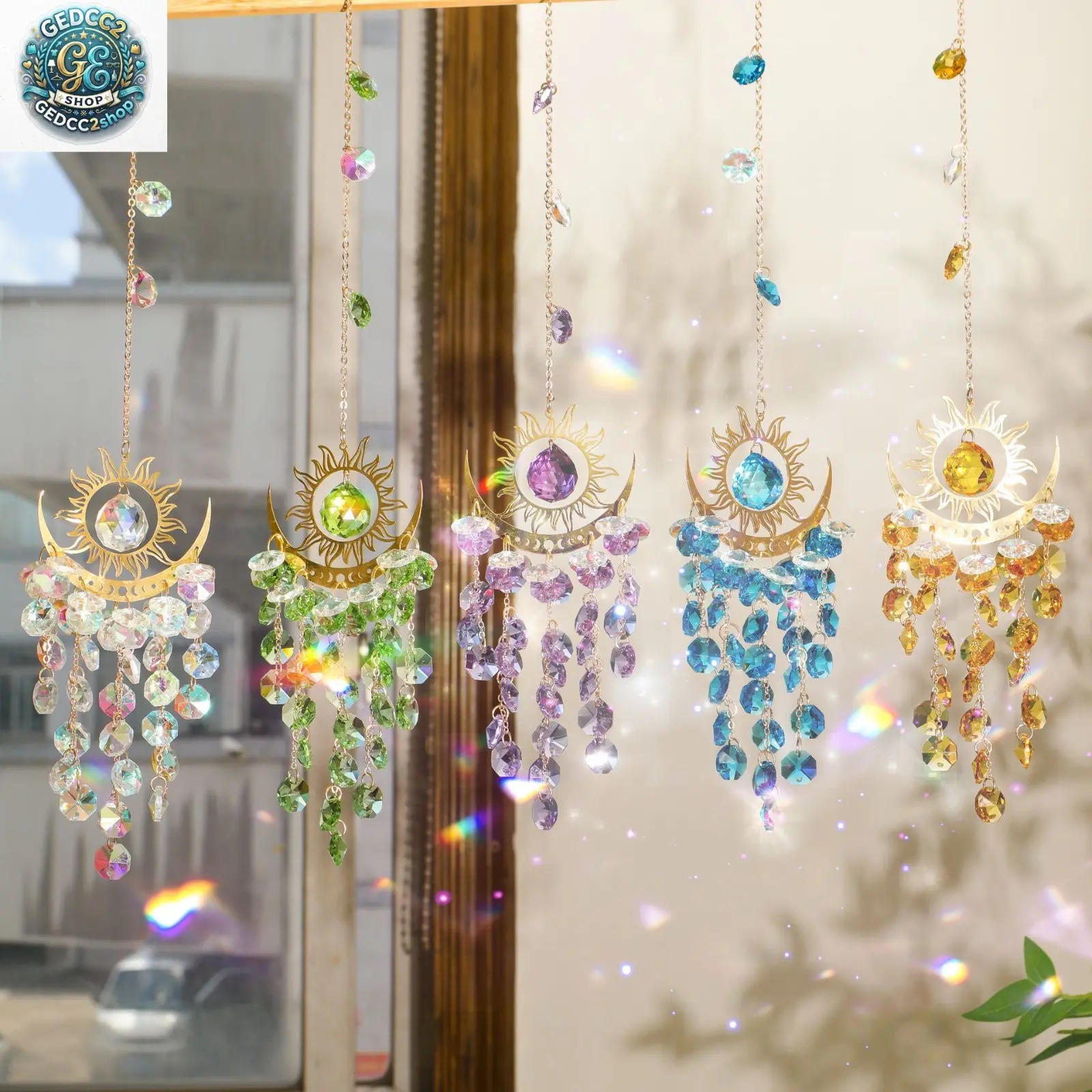 Crystal Suncatcher Window Hanging Decor, Iridescent Moon & Flame Design with Rainbow Light Reflection, Boho Home Decoration for Windows & Rooms
