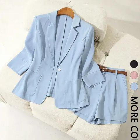 Women's 2-Piece Commuter Office Style V-Neck Blazer Jacket + Short Pants Set, Corporate Attire, Essential for Work/travel, Includes Pockets