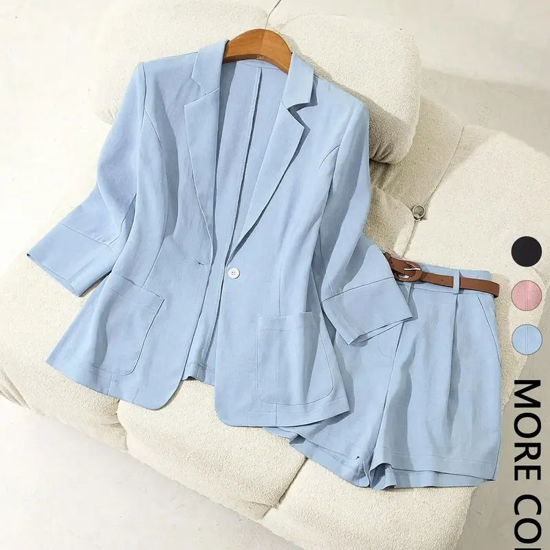 Women's 2-Piece Commuter Office Style V-Neck Blazer Jacket + Short Pants Set, Corporate Attire, Essential for Work/travel, Includes Pockets