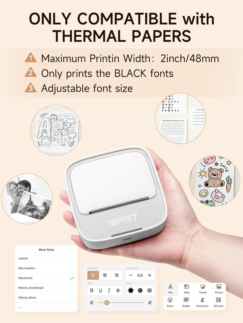 Mini Printer with 1 Roll of Stickers – Portable Bluetooth Inkless Thermal Printer for Study Notes, Pictures, DIY, and Labels