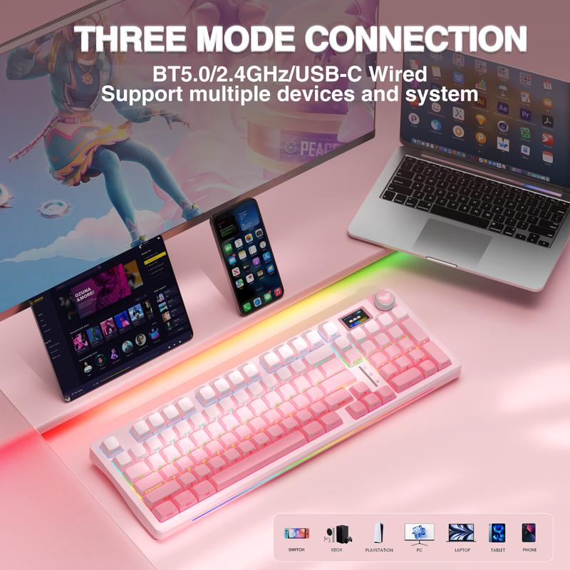 Official AULA S98 Pro Hot Swappable Wireless Mechanical Gaming Pink Keyboard with Screen & Knob, Tri-Mode Connection 2.4GHz/USB-C/BT5.0 Creamy Keyboard,Side Printed PBT Keycaps,Pre-lubed Linear Switches,RGB Backlit  TikTokShopfalldealsforyou