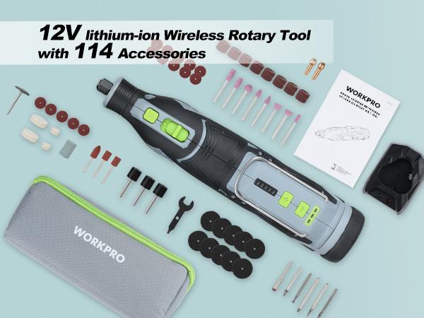 #JumpstartSale WORKPRO 12V Cordless Rotary Tool Kit, 5 Variable Speeds, Powerful Engraver, Sander, Polisher, 114 Easy Change Accessories, Craft Tool for Handmade and DIY
