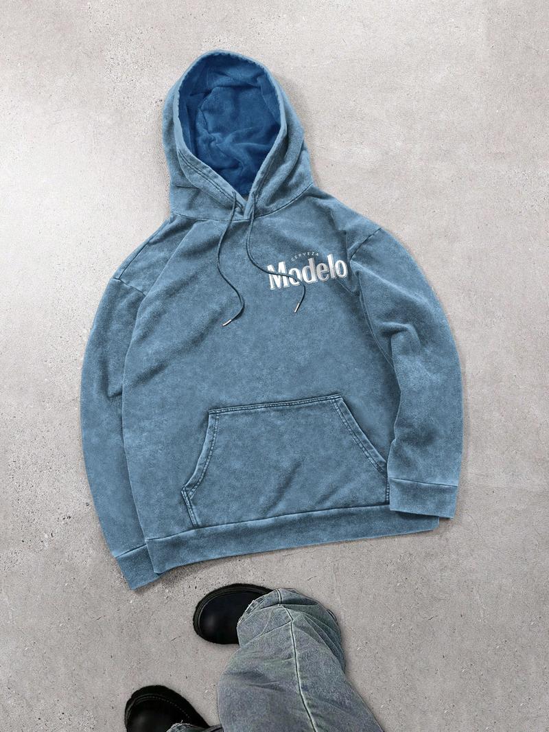 Mexican beer and UFO men's street retro style washed hooded sweatshirt, fashionable and trendy casual long-sleeved hoodie, men's spring and autumn style.