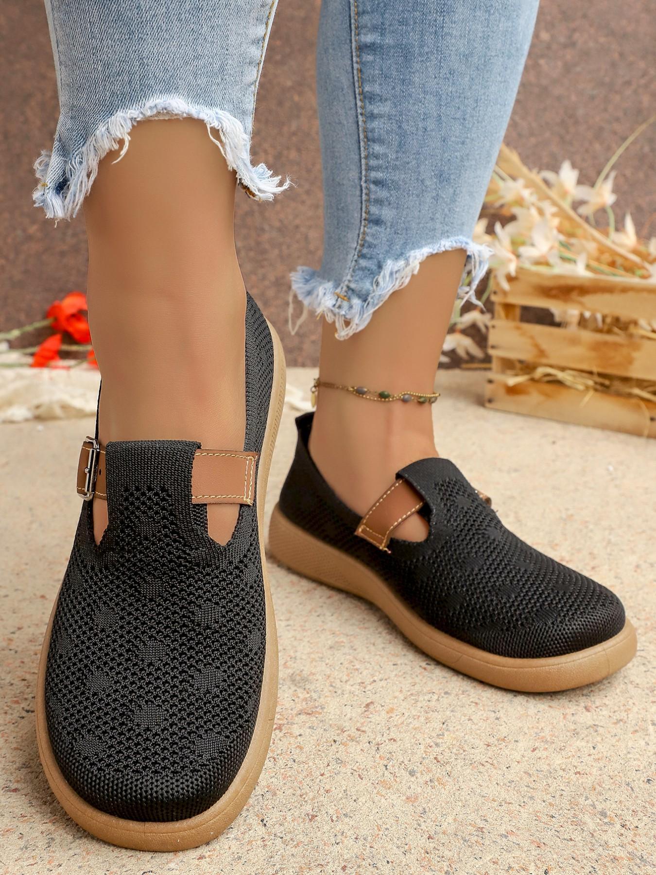 Women's Multicolor Flyknit Mary Jane Flat Shoes, Breathable Mesh, Leather-Like Buckle, Soft Rubber Sole, Comfortable Casual Footwear