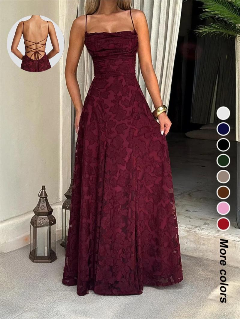Sexy Backless Lace Pattern Long Dress, Plain Fitted Design, Elegant Style, Perfect for Parties and Events, Women's Fashion