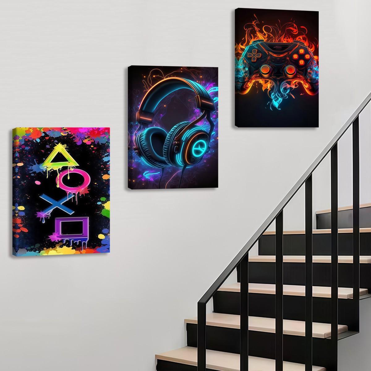 3-count wooden frame canvas, neon ink-wash game buttons, headphone controllers, e-sports triple poster, fashionable art, modern art, home decoration painting, Framed Home Decor, exquisite living room, bedroom and office wall art, waterproof art