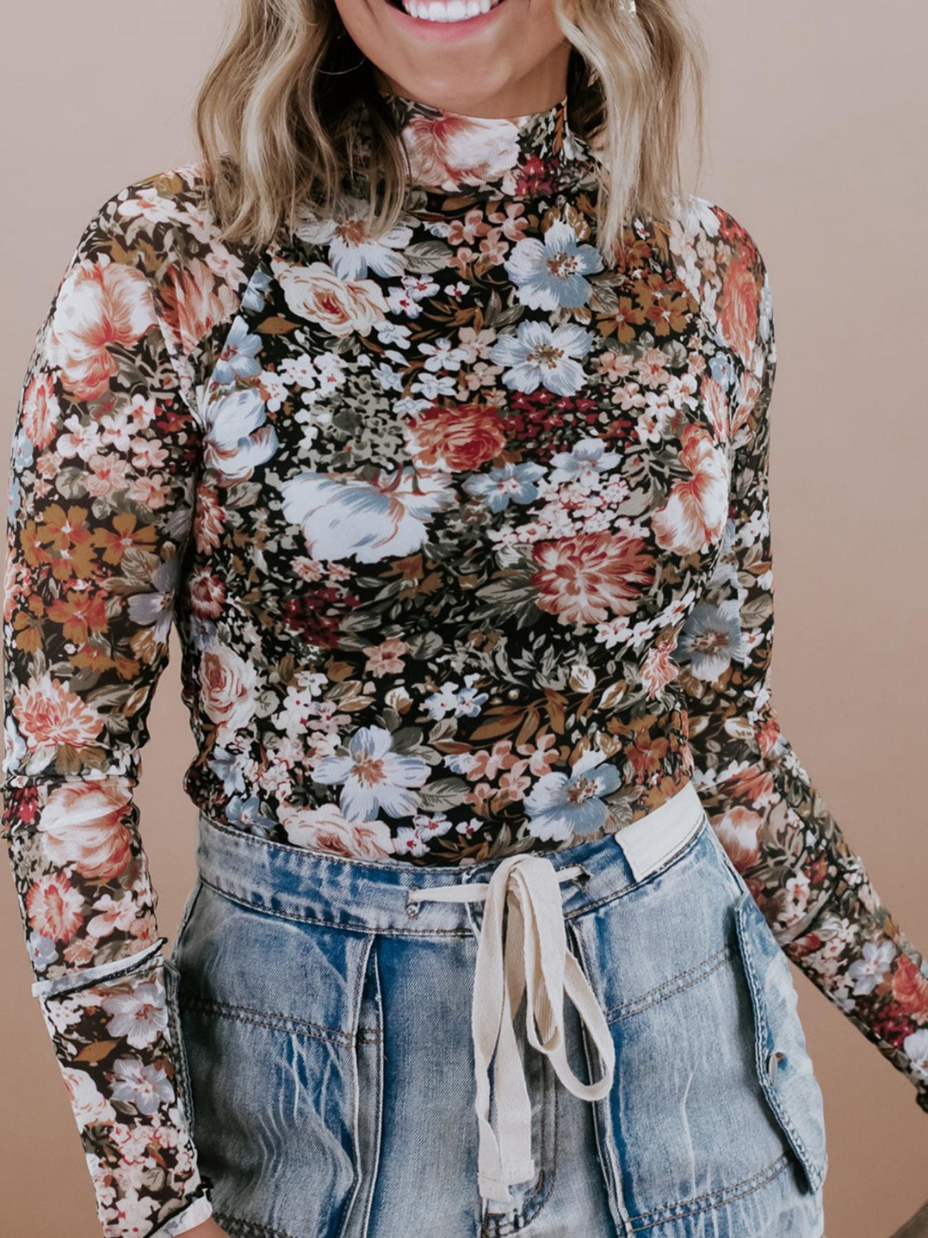 Hotapei Spring Autumn Casual Polyester Floral Slim Fit High Neck Long Sleeve Pullover Top, Women's Fashion Knitwear for Daily Wear