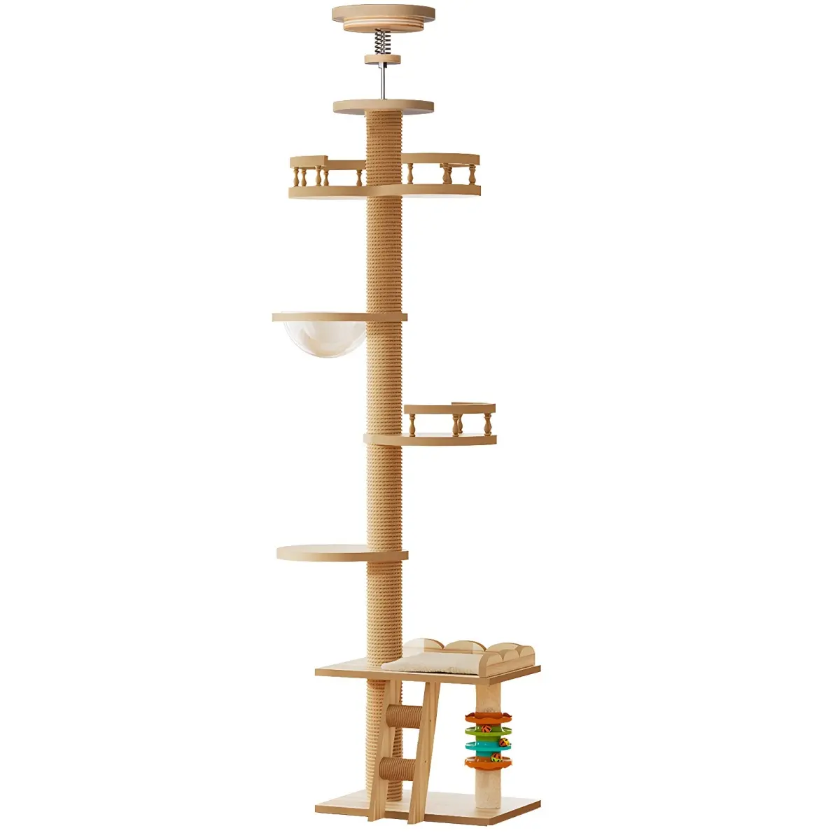 Adjustable Floor-to-Ceiling Cat Tree, 98.4–110.2 in Tension-Mounted Cat Tower with Sisal Post, Bubble Perch, Ladder and Toys, Natural Wood