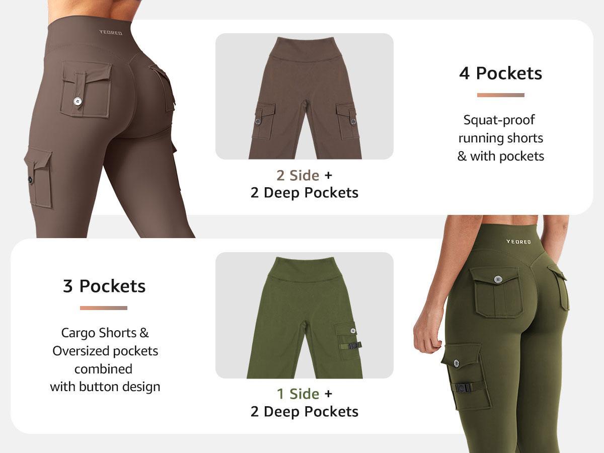 YEOREO High Waist Cargo Leggings Women’s Workout Pants with Pockets Hidden Scrunch Butt Lift Compression Yoga Wear Athletic Bottoms