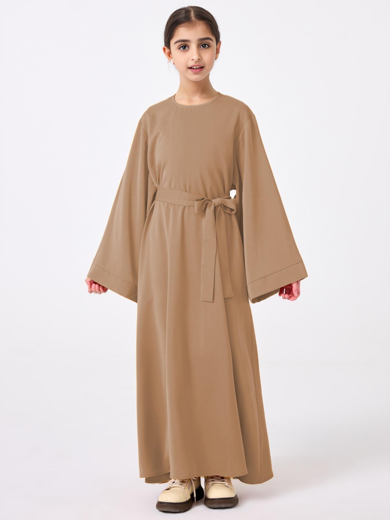 Girl's Solid Belted Dress, Modest Long Sleeve Dress for Daily Wear, Kids Clothes for All Seasons