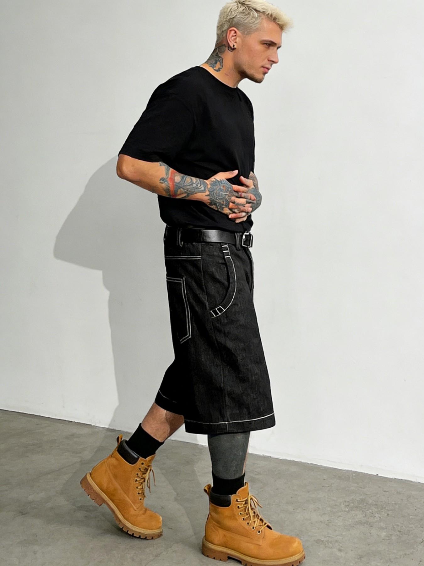 Men/women Loose Fit Wide Leg Denim Jean Bermuda Shorts, Street Style Hip-Hop Embroidered Floral Pants, Zipper Fly Pockets Design