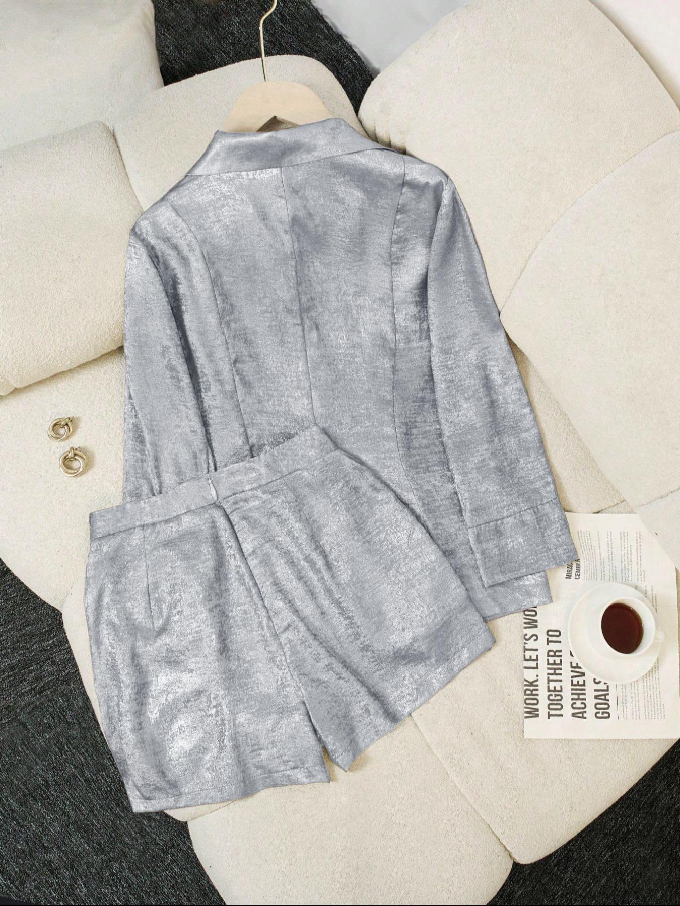 Two-Piece Set Women's Solid Color Blazer & Shorts, Casual Outerwear & Shorts for Daily Wear, Ladies Clothes for Summer Suits