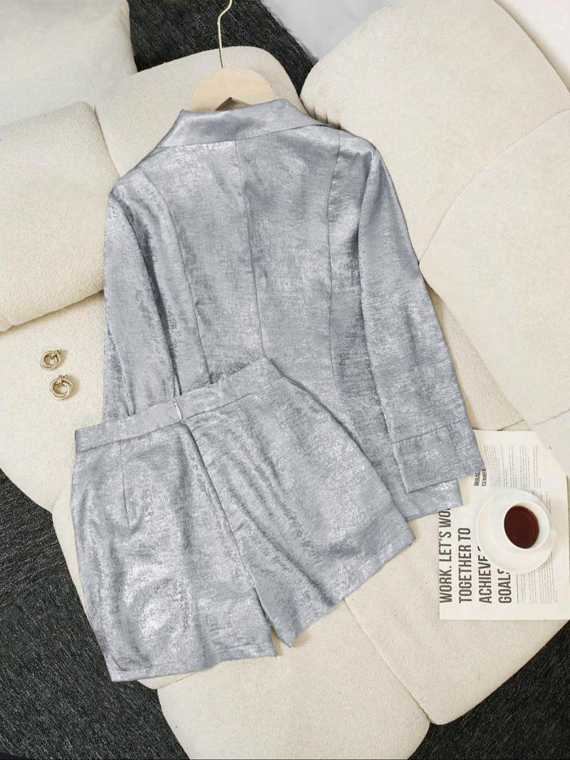 Two-Piece Set Women's Solid Color Blazer & Shorts, Casual Outerwear & Shorts for Daily Wear, Ladies Clothes for Summer Suits