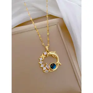 Gorgeous Starry Sky Planet Round Dolphin Copper Inlaid Cubic Zirconia Necklace Jewelry Fashion Ladies Charm Elegant Stainless Steel Chain (No Box)