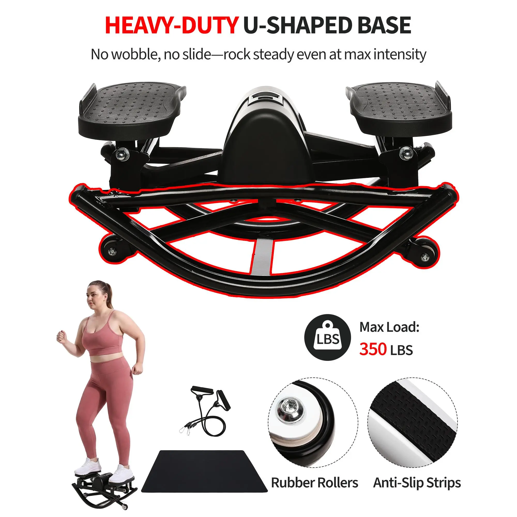 L. Dual-Motion Rocking Stepper with Resistance Bands – 350 lbs Heavy Duty Low Impact Full Body Cardio Machine for Home Workout – LCD Monitor & Non-Slip Pedals