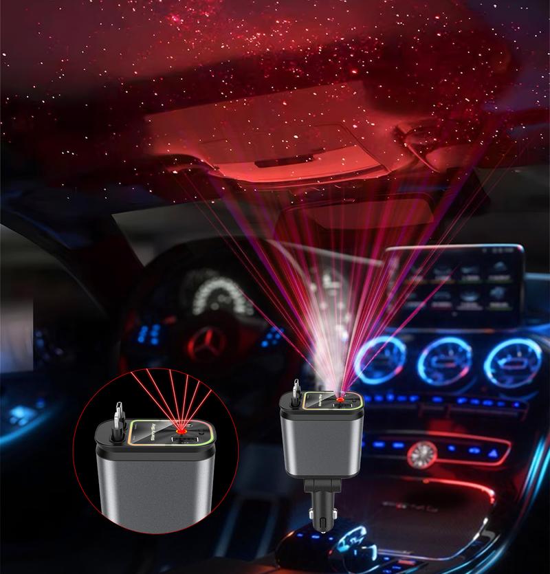 4-in-1 Headliner Fast Charging Retractable Car Charger Starlight Roof Projector with Red and Blue Light, 31-inch Retractable Cable (for Type-C and iOS Devices),- Travel Car Accessories​​