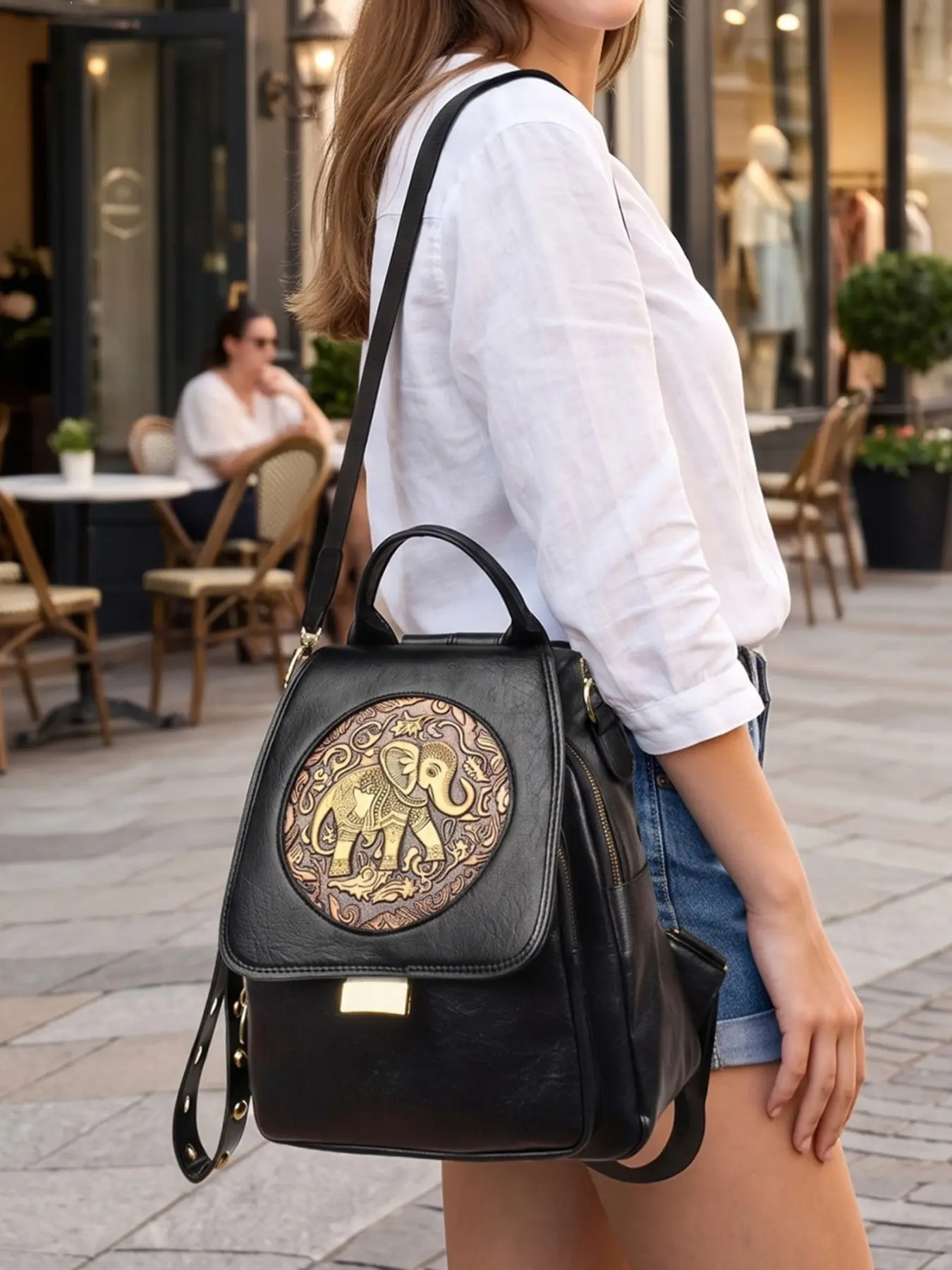 New Vintage PU Leather Backpack, Ethnic Elephant Embossed Anti-Theft Bag, Detachable Strap Women's Multi-Use Crossbody Bag, All Seasons Casual Style
