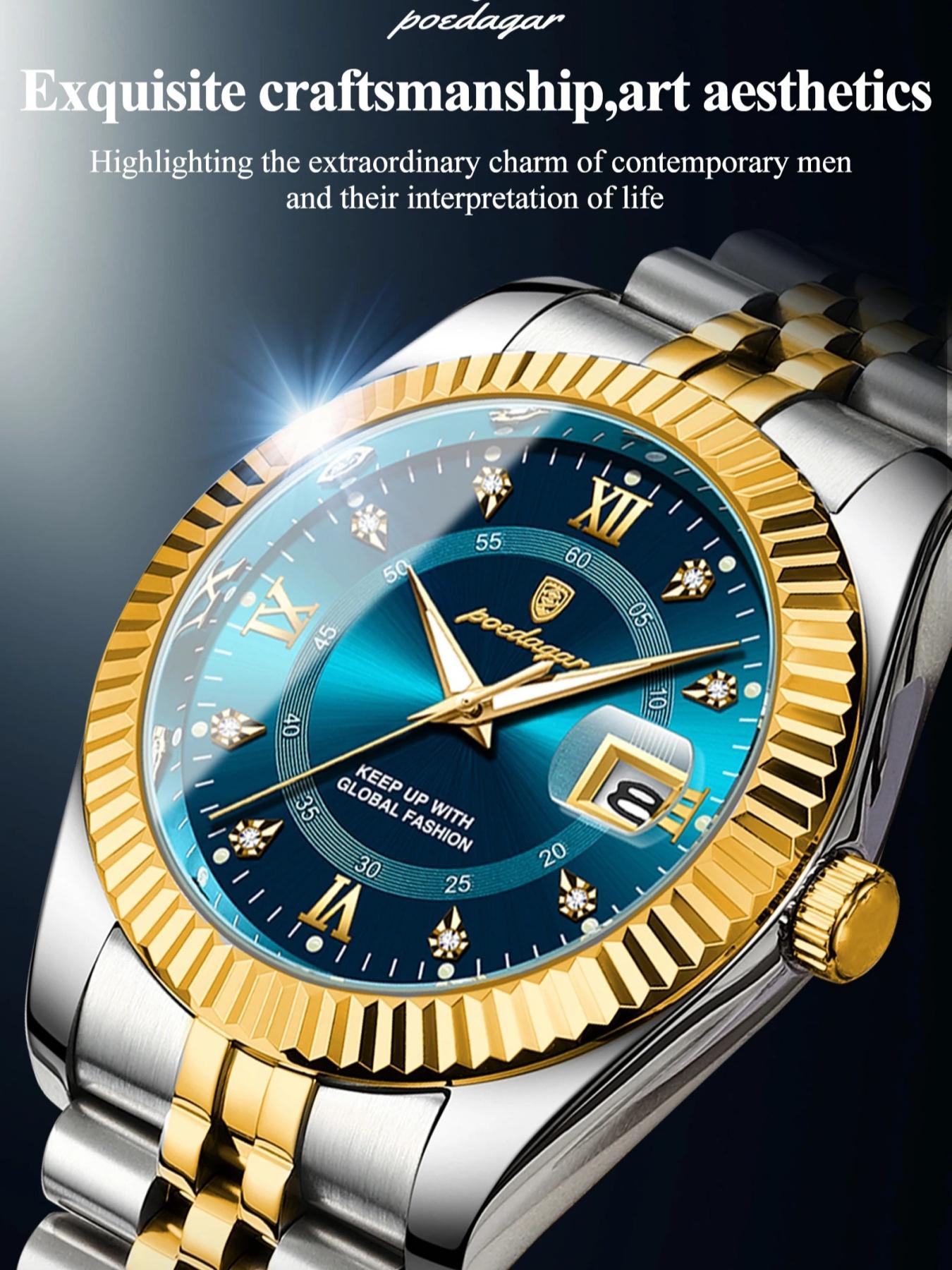 POEDAGAR Men's Quartz Analog Watch Waterproof Date Week Night Light Watch Stainless Steel Men's Watch Men's Clock Sport Reloj