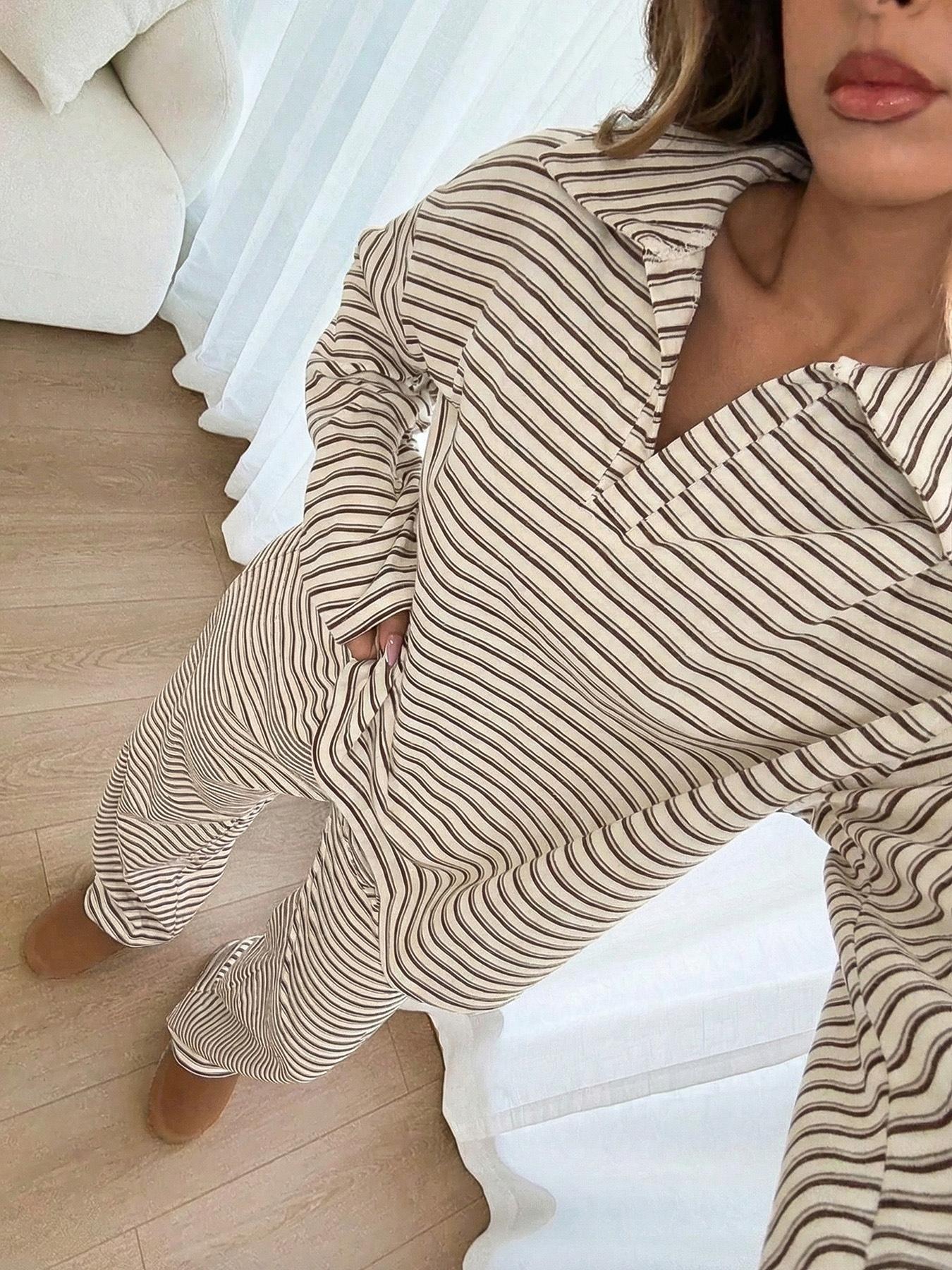 Women's 2pcs Set Loose Striped V-Neck Drop Shoulder Long Sleeve T-Shirt &Elastic Waist Striped Pants, Brown, Casual Sets For Women, Pajamas Set, Sleepwear Loungewear, Casual Sets For Women Brown Two Piece Set Women Women's 2pcs Set Loose Striped V-Neck Drop Shoulder Long Sleeve T-Shirt &Elastic Waist Striped Pants, Brown, Casual Sets For Women, Pajamas Set, Sleepwear Loungewear, Casual Sets For Women Brown Two Piece Set Women