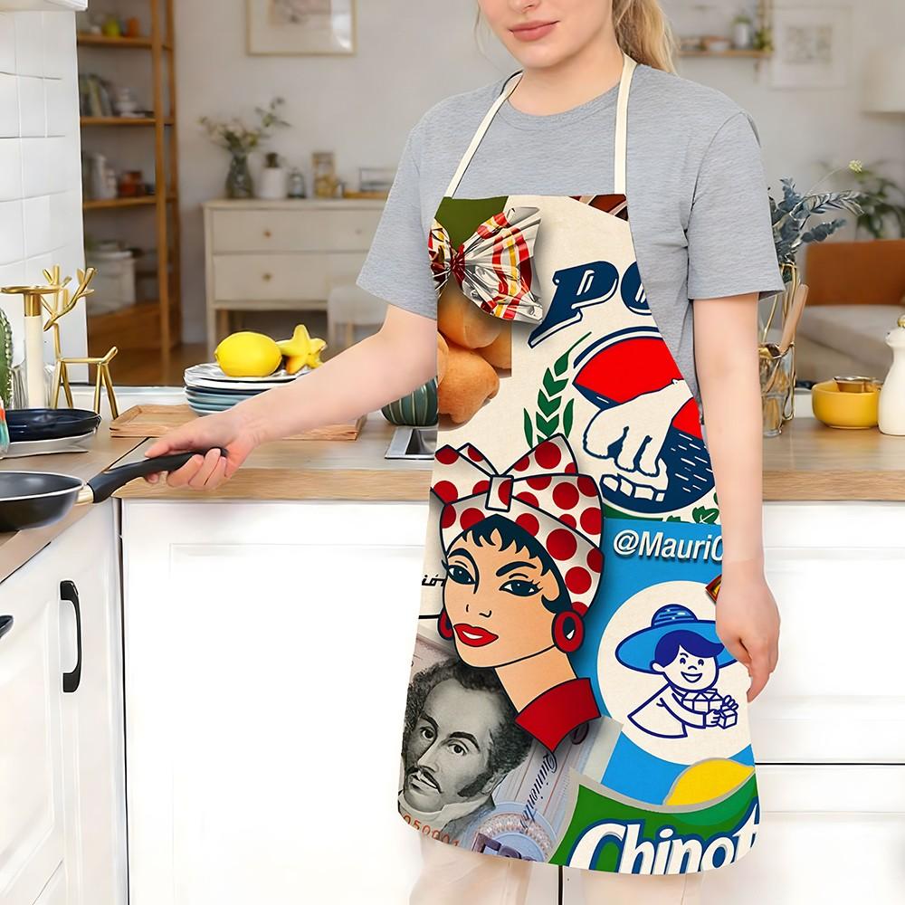 Pop Art Vintage Girl Print Kitchen Apron, Retro Collage Style Women's Chef Apron, Stain-Resistant Durable Cooking Apron