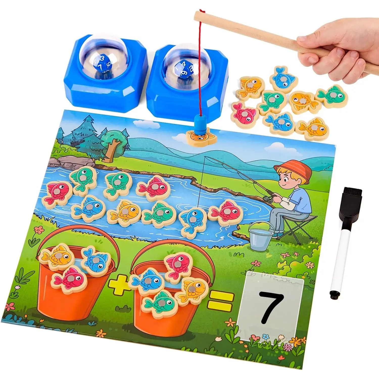Magnetic Fishing Math Game for Kids 3-5, Montessori Counting Toy with Dice Poppers, Preschool Math Manipulatives Board Game, Addition and Subtraction Dice Game for Homeschool Classroom