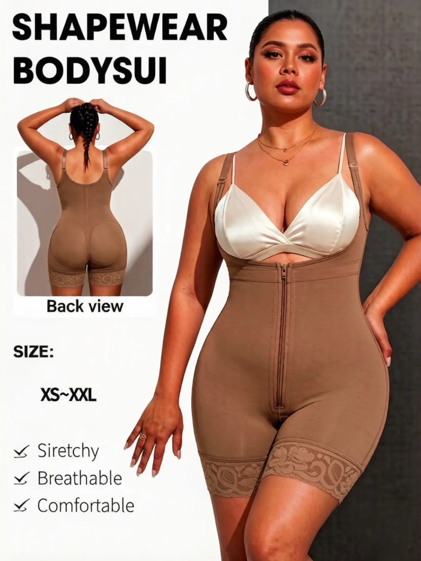 1 Count Women's Adjustable Thin Shoulder Straps Shapewear, Colombian Shapewear, Fajas, Open Bust Shapewear Bodysuit, Butt Lifting & Tummy Control Jumpsuit, Lace Trim Body Shaper With Front Zipper & Single Hook Closure, Great For Casual Outings