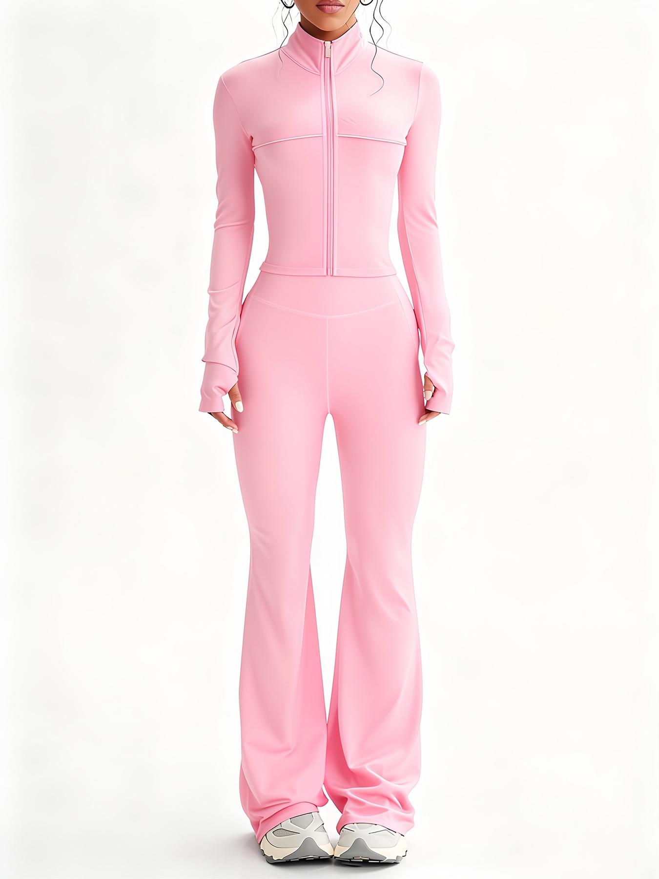 Women's Fashion Two-Piece Set, Slim Fit Long Sleeve Thumb Hole Cuffs, Zipper Front Jacket Style, Elastic Flare Pants, Daily Wear Womenswear