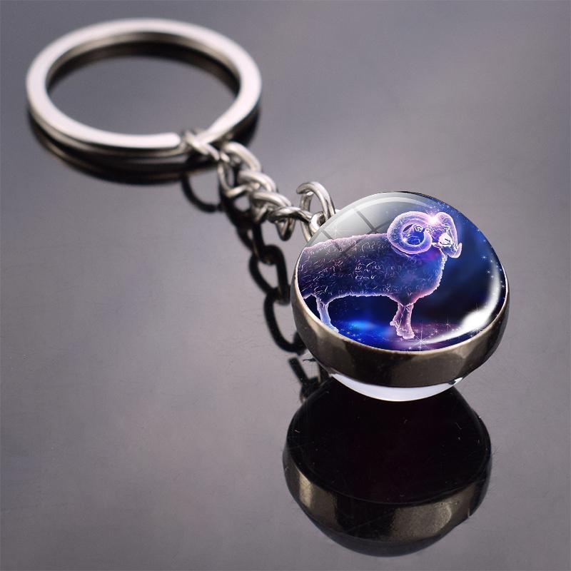 New Fashion Double Side Glass Ball Pendant Keychain 12 Zodiac Signs Keyring for Boyfriend Girlfriend Birthday Gifts