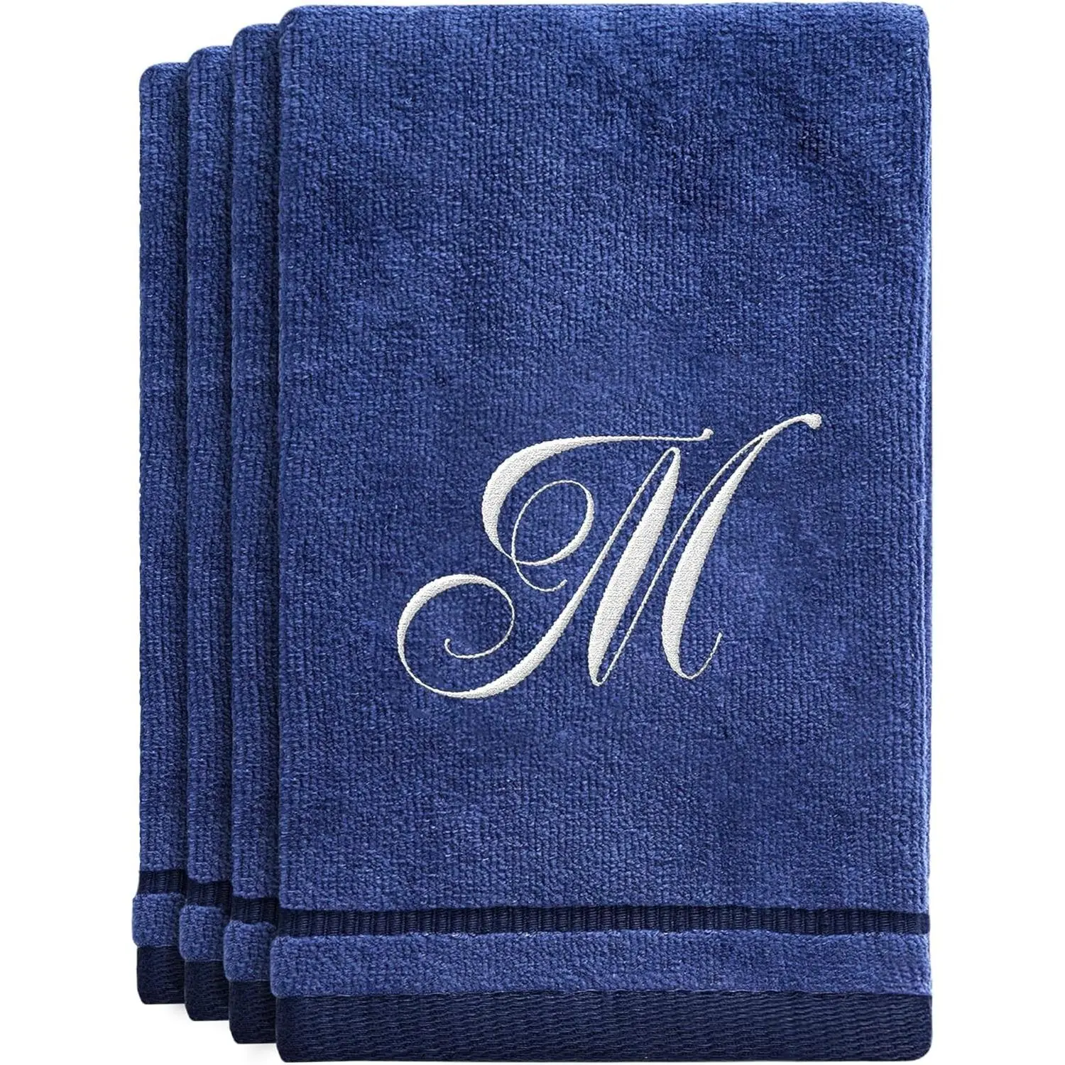 Personalized Initial Fingertip Towels 4 Pack 11x18 White Embroidery on Navy Blue Modern Monogrammed Towels Great Gift for Women Teachers Friends Bridesmaids Initial M
