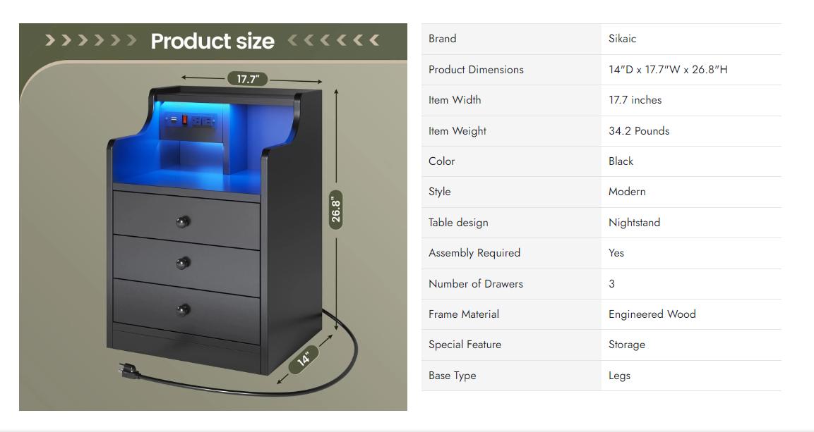 Sikaic LED Nightstand With Hutch Drawers Charging Station Bedroom Dresser Table