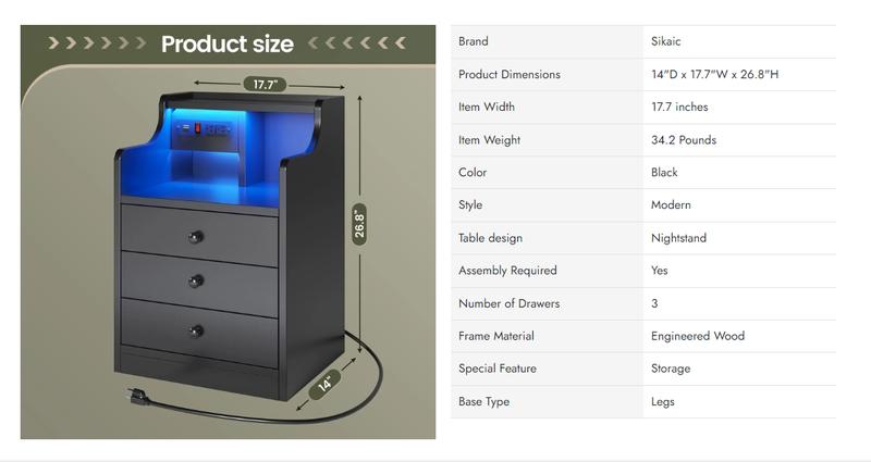 Sikaic LED Nightstand With Hutch Drawers Charging Station Bedroom Dresser Table