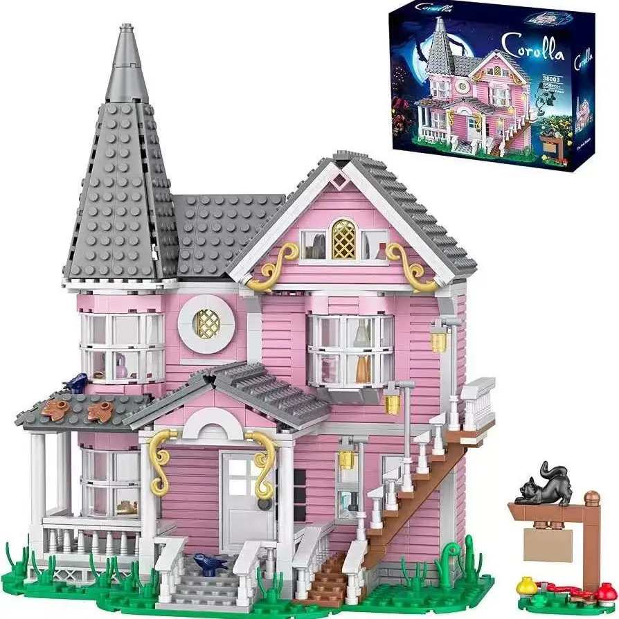 958Pcs Pink Palace Building Blocks Set, Creative Building Blocks, European Style Ghost House Model, Detailed Interior Castle Bricks, Halloween Decor Gift For Adults & Kids