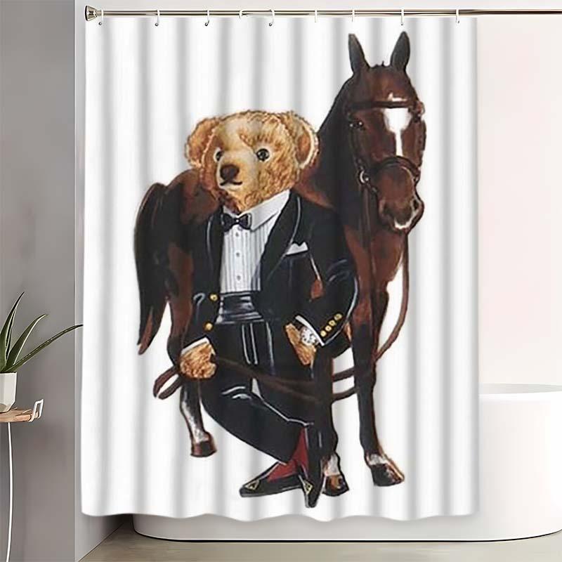 Polo Fashion Bear Shower Curtain Set, Bathroom Decor Accessories with 12 Hooks, Non-Slip Bath Mat and U-Shaped Toilet Lid Cover