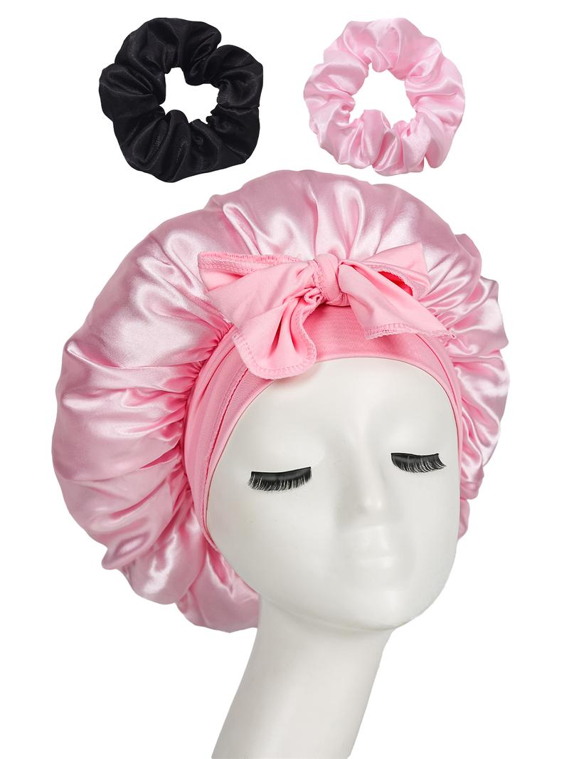 Women's Satin Bonnet with Tie, Soft Breathable Sleep Cap, Fashionable Plain Color, Comfortable Hair Protection Hat + 2 Silk Hair Ties