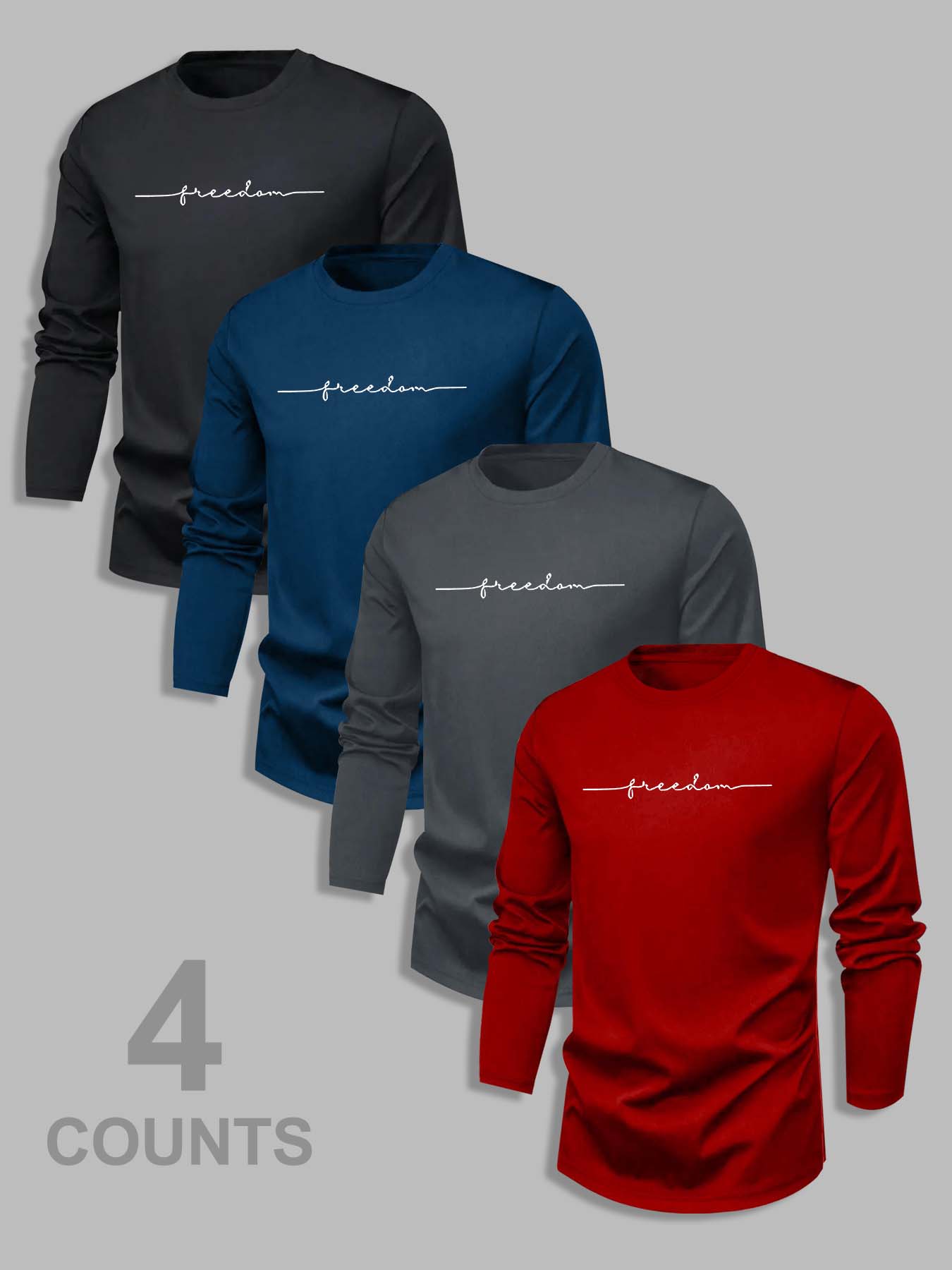 Men's 4 Piece Classic Bull Head Print Tee Set, Fitted Long Sleeve Casual Top for Fall & Winter, Basic Straight Cut T-Shirt