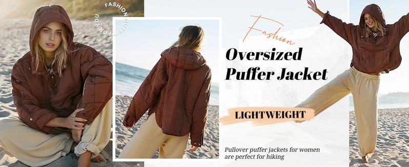 UANEO Women's Oversized Puffer Jacket with Hood, Lightweight Quilted Pullover Hoodie, Dolman Long Sleeve Warm Fall Winter Coat Outerwear Casual