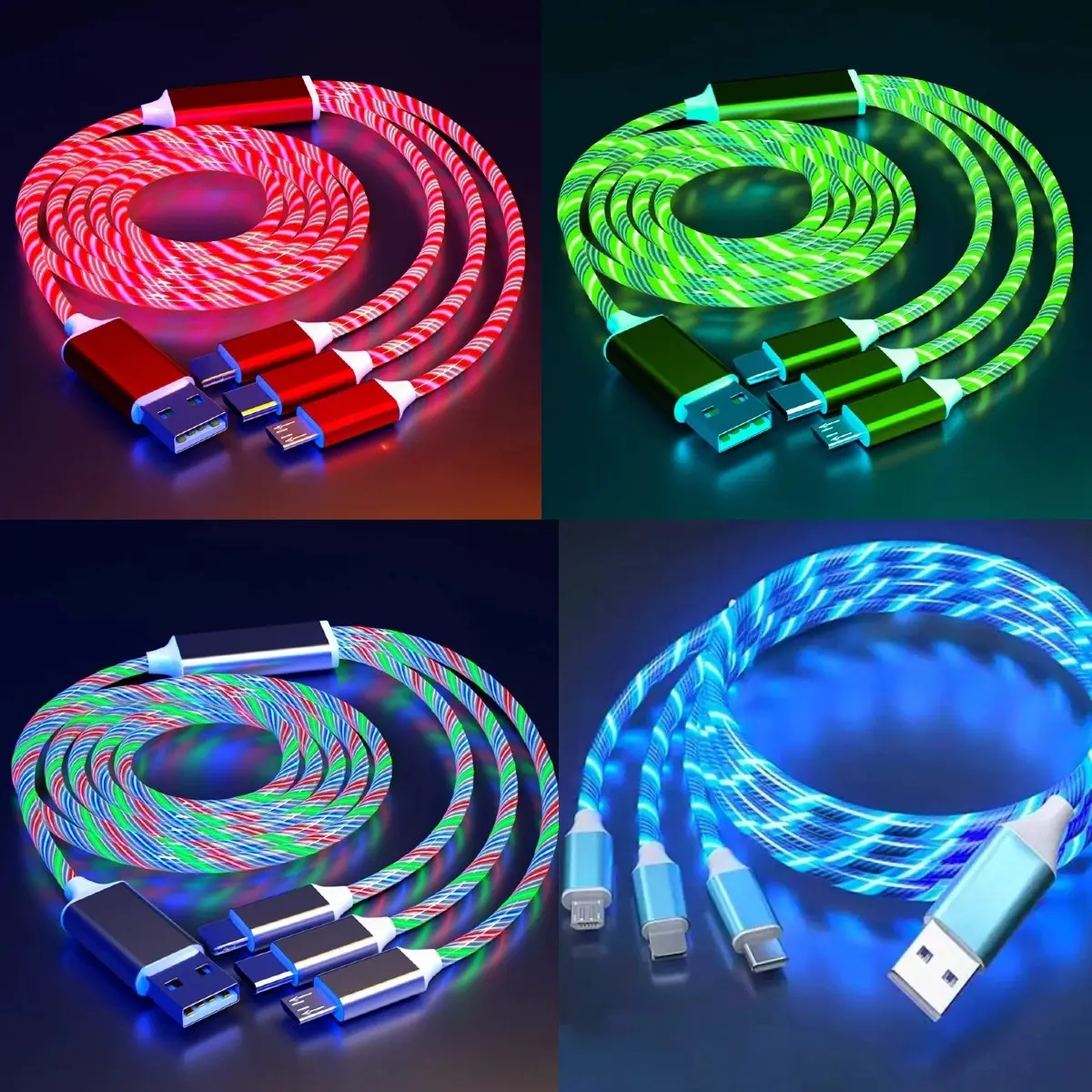 Three-In-One LED Charging Cable, Type-C, Lightning, Micro USB, Multi-Device Charger, Random Color, 2-Pack, for Phones, Headphones, E-Readers, Game Consoles, Power Banks