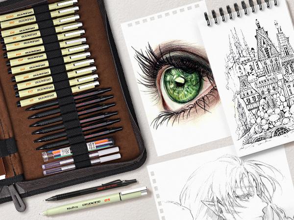 Nicpro 58PCS Art Drawing Supplies Kit in Leather Case, MP1000 Black Metal Mechanical Pencil Set with Drafting Pencil 0.5, 0.7, 0.9 & 2mm, 12 Micron Pen, Sketch Book, 30 Tube Lead Refills for Sketching