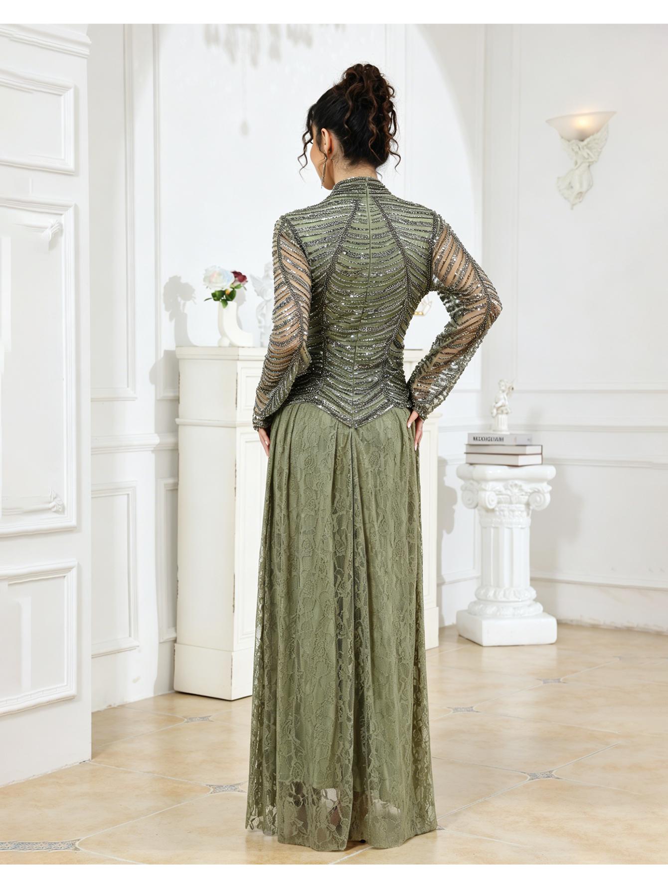 Women's Sheer Long Sleeve Maxi Dress, Floral Lace Embellished Elegant Evening Gown, Perfect for Wedding and Graduation, Festival Wear